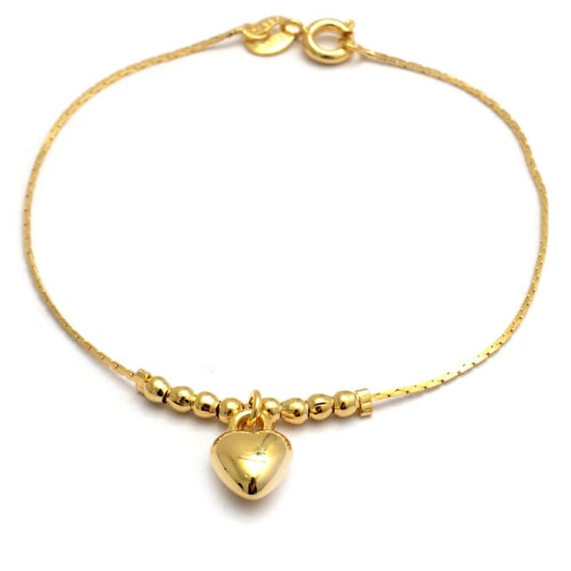 Pulsera fina, bolitas y corazón 18cm. Enchapada en oro 18K.